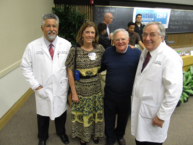 Invited keynote speaker James L. Holly, M.D., (far right) visits before the Primary Care Week lecture with (left to right) Carlos Roberto JaÃ©n, M.D., Ph.D., FAAFP, professor and chair of family and community medicine in the School of Medicine; Barbara J. Turner, M.D., M.S.Ed., M.A., FACP, professor of medicine and director of the Research to Advance Community Health (ReACH) Center; and Jerald Winakur, M.D., FACP, CMD, clinical professor of medicine and a faculty member of the Center for Medical Humanities & Ethics.